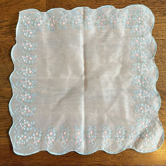 Vintage semi sheer nylon embossed  pink & blue floral embossed handkerchief - Picture 6 of 7